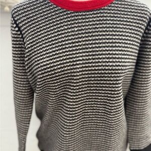 Halston Heritage Black and White Crewneck Sweater with Red Trim